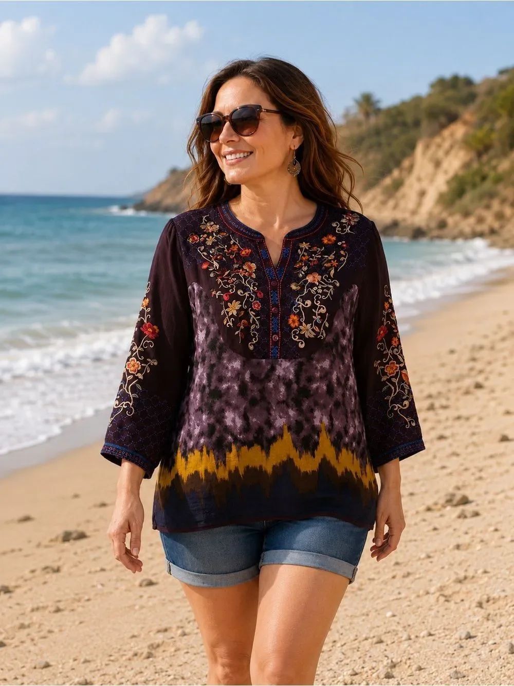 John Mark Purple Yellow Blue Tie Dye Floral Embroidered Blouse XL Boho Cottage